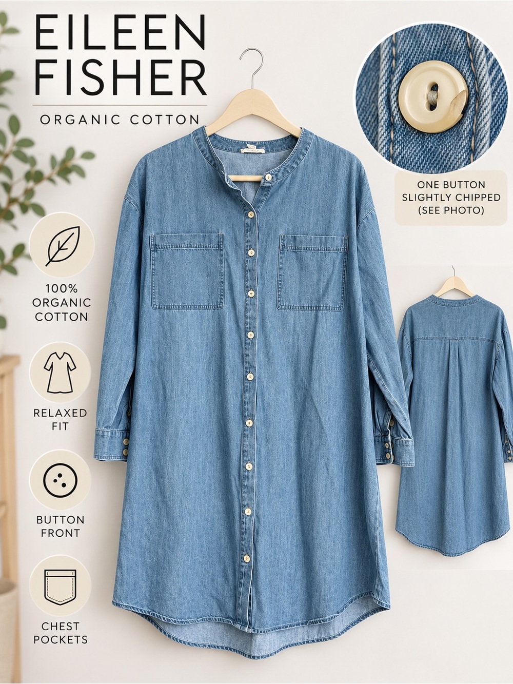 Eileen Fisher Organic Cotton Denim Chambray Shirt Dress Blue Size Large